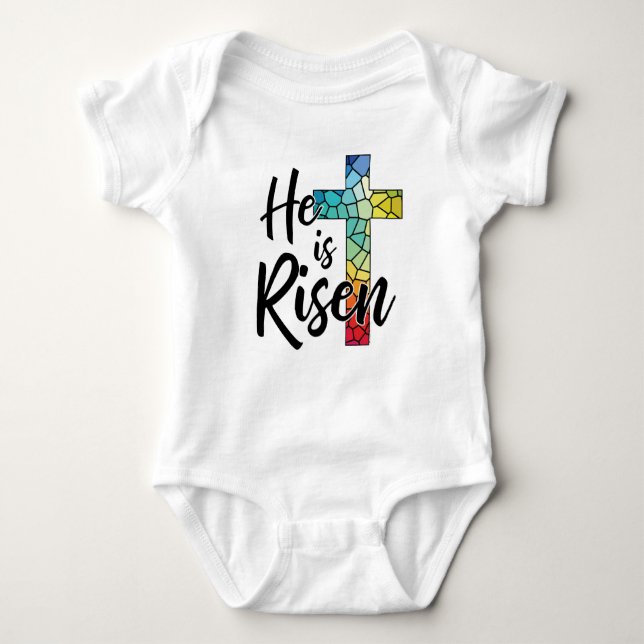Body Para Bebê Ele Ressuscitou, Cruz de Vidro Colorido - GraphicL (Frente)