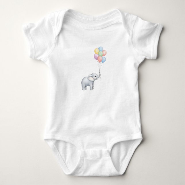 Body Para Bebê Elefante Adorável em Aquarela com Balões Pastéis (Frente)