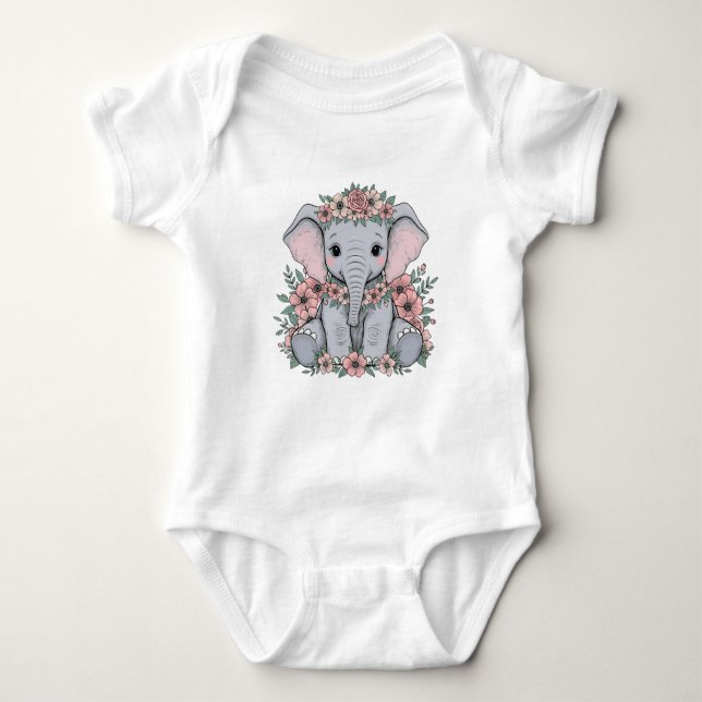 Body Para Bebê Elefante-Bebê bonito com flores rosa (Frente)