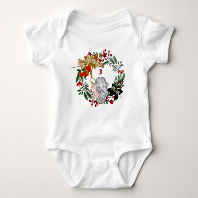 Body Para Bebê Elegante Floral Wreath Monograma Elefante De Aquar (Frente)