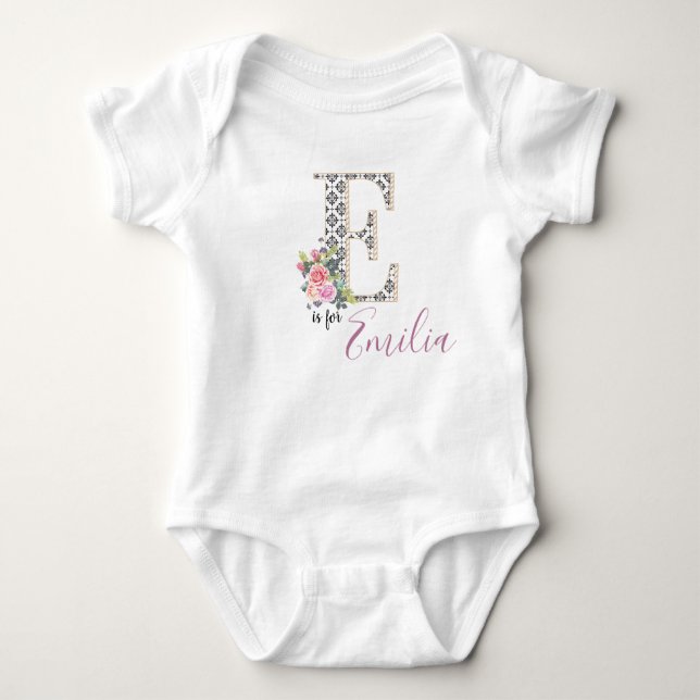 Body Para Bebê Emilia Name Baby Outfit Letter Romper Floral Girl (Frente)