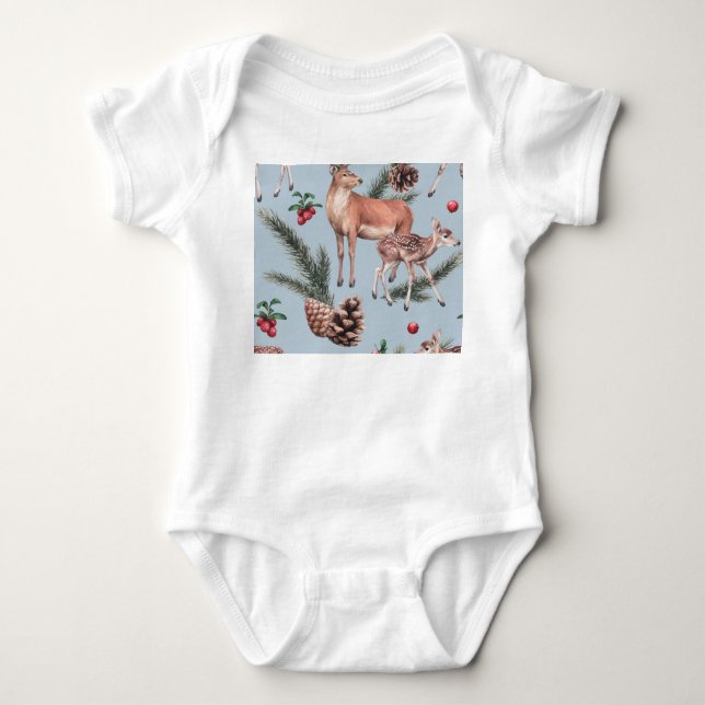 Body Para Bebê Esboço dos animais de inverno, fundo azul. (Frente)