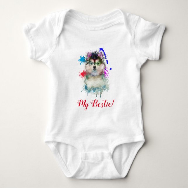 Body Para Bebê Esplash Art Cute Pomsky Cachorro Bebê Roupa (Frente)
