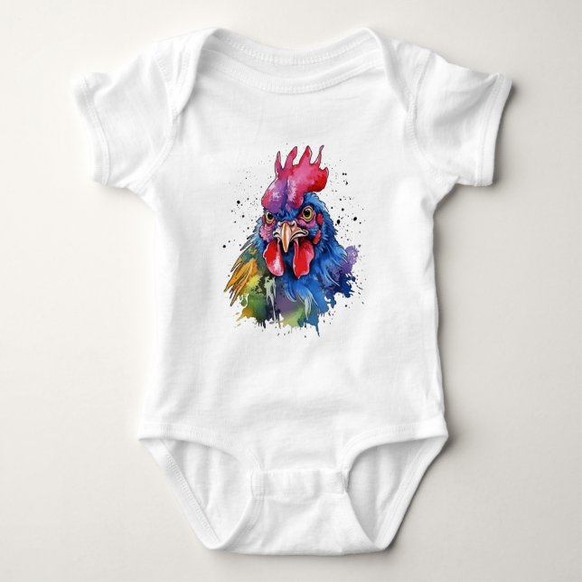 Body Para Bebê Estilo de Aquarela de Galinha do País Rooster (Frente)