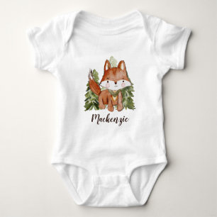 Body Para Bebê Estilo de Cores d'Água Cuta Fox e Árvores Nome do