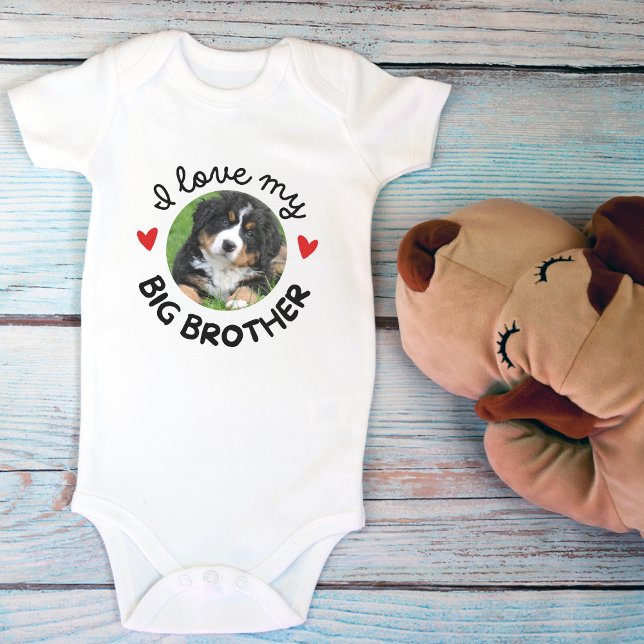Body Para Bebê "Eu Amo Meu Irmão Mais Velho" com Foto de Cachorro ("I Love My Big Brother" with Custom Dog Photo Baby Bodysuit)