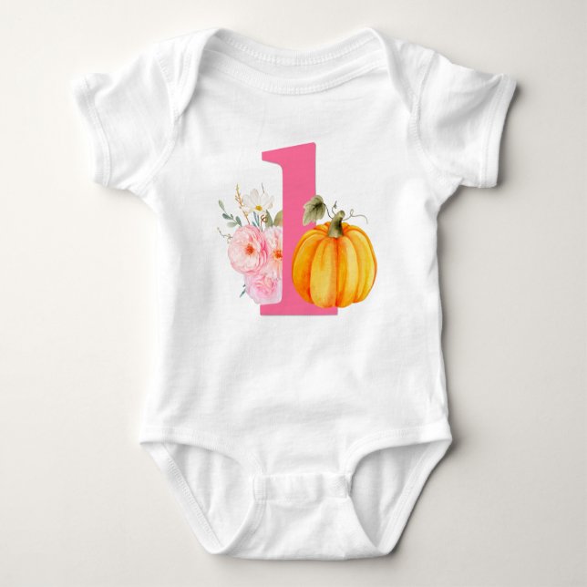 Body Para Bebê Fall Floral Pumpkin Baby Girl's primeiro aniversar (Frente)