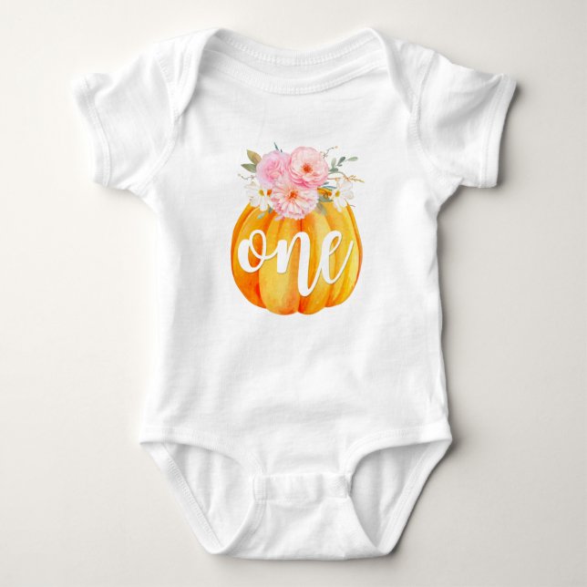 Body Para Bebê Fall Floral Pumpkin Baby Girl's primeiro aniversar (Frente)
