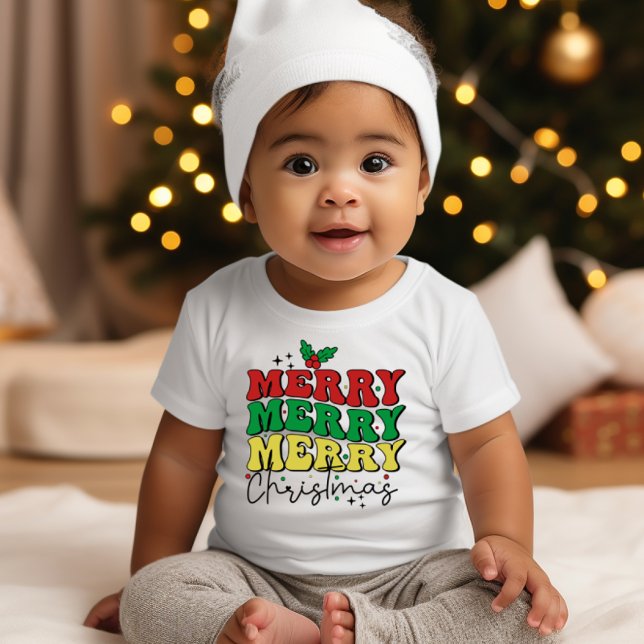 BODY PARA BEBÊ FAMÍLIA DE NATAL DE RETRO FESTIVO (BABY FIRST HOLIDAY SEASON MERRY MERRY MERRY CHRISTMAS RETRO VIBES MATCHING FAMILY HOLIDAY OUTFIT)