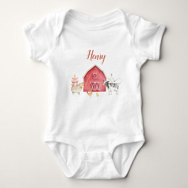 Body Para Bebê Farm Animals & Red Barn Birthday Party T-Shirt (Frente)