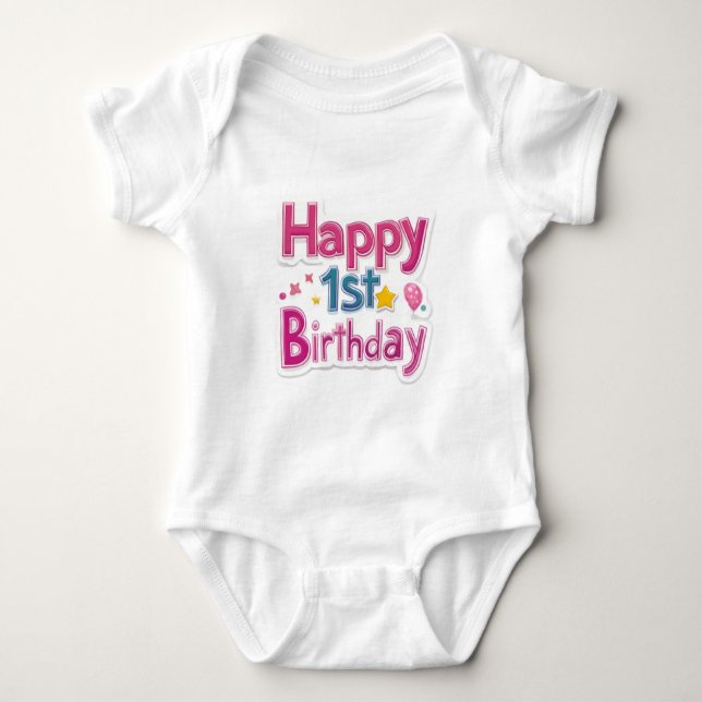 Body Para Bebê Feliz 1º Aniversário – Design Cor-de-Rosa Fofo Col (Frente)