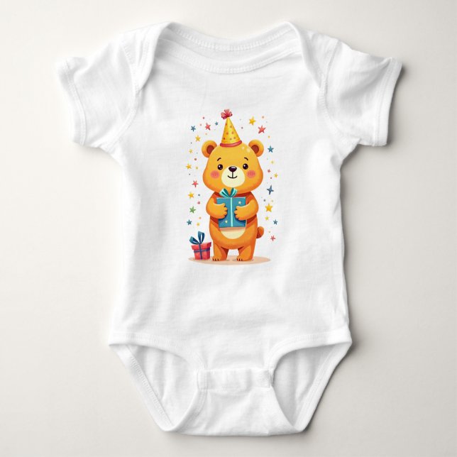 Body Para Bebê Feliz aniversário de cumprimentos de um urso fofo (Frente)