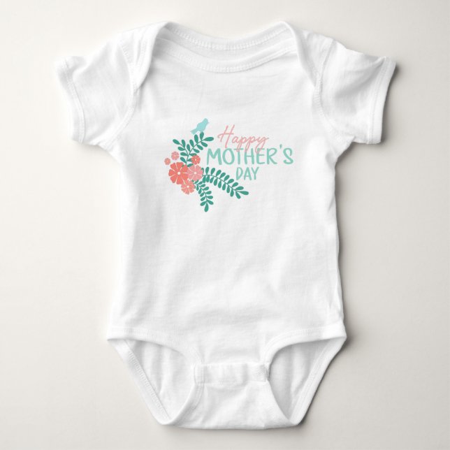 Body Para Bebê Feliz dia das mães texto flores pássaro (Frente)