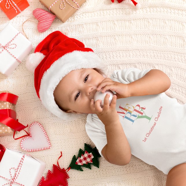 Body Para Bebê Feliz Festiva Personalizada Brilhante (Festive Merry baby's 1st christmas bodysuit)