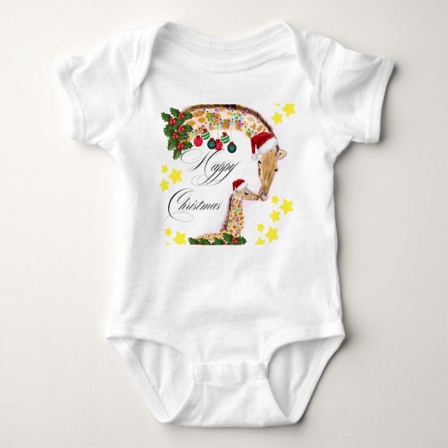 Body Para Bebê Feliz Natal Com uma família amorosa de Girafas (Frente)