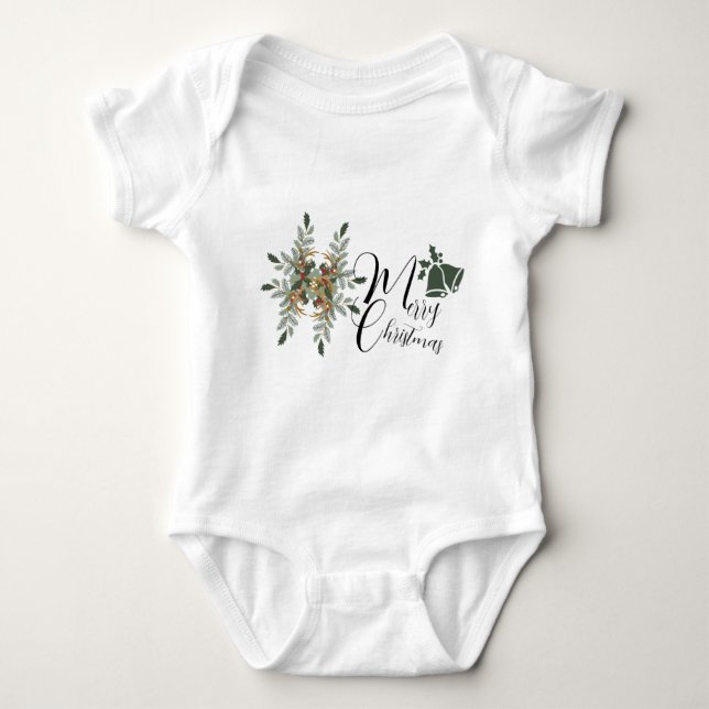 Body Para Bebê Feliz Natal Floral Jingle Bell T-Shirt (Frente)