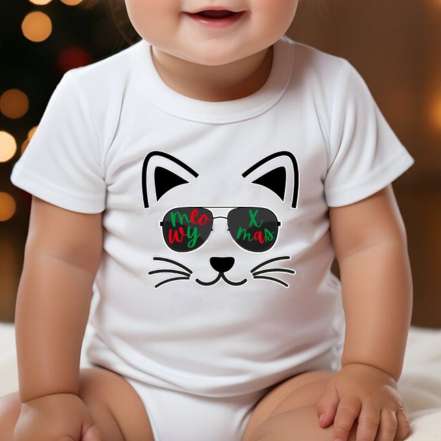 Body Para Bebê Feliz Natal Legal Óculos de sol Gatinhos Brancos (Meowy Christmas Cool Sunglasses Kitty Cat White Baby Bodysuit)