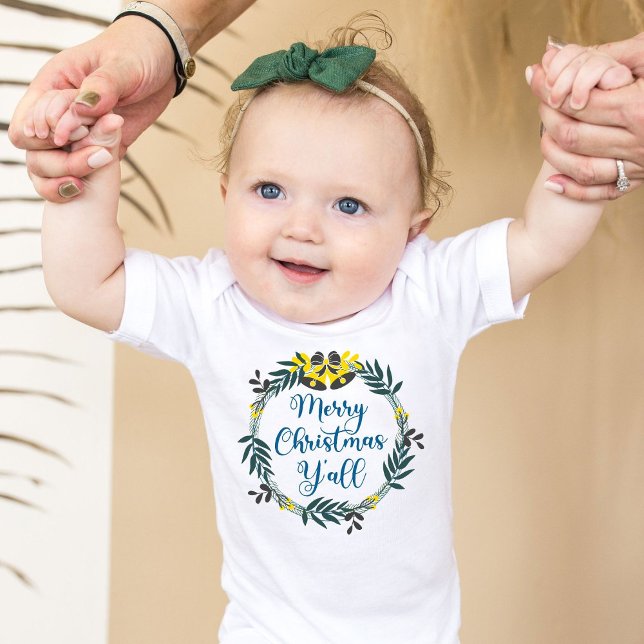 Body Para Bebê Feliz Natal Y'all Green Wreath White (Criador carregado)