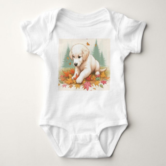 Body Para Bebê Feliz Ouro de sempre Puppy em folhas (Frente)
