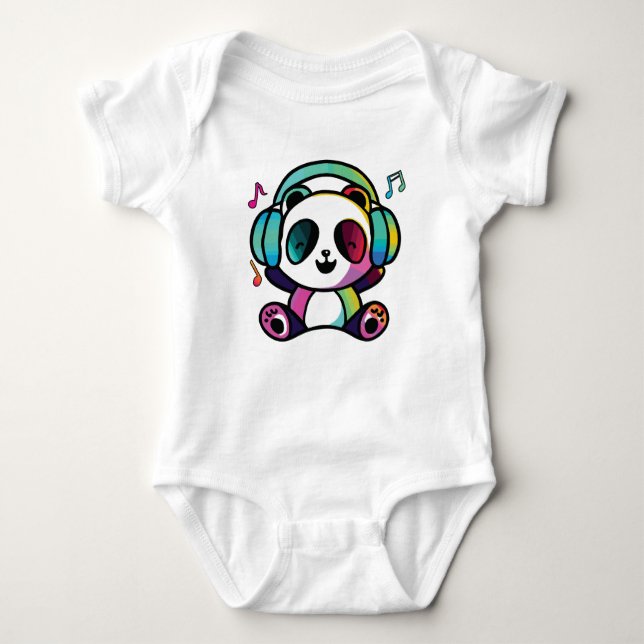 Body Para Bebê Feliz Panda com fones de ouvido ouvindo música. (Frente)