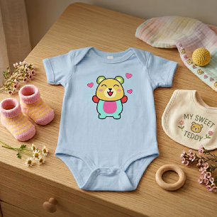 Body Para Bebê Feliz ursinho de pelúcia sorridente com corações a