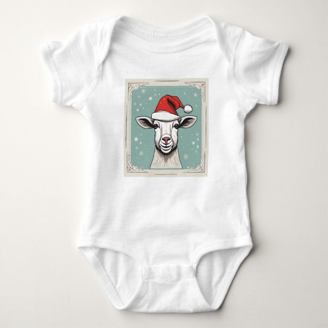 Body Para Bebê Felizes Feriados Caprinos com Santa Hat, Xmas Goat (Frente)