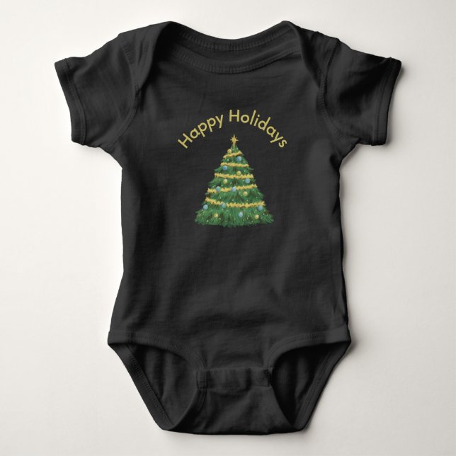 Body Para Bebê Felizes Férias e Árvore de Natal em Ouro (Frente)