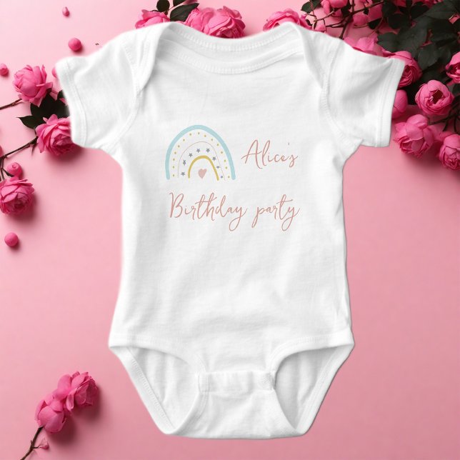 Body Para Bebê Festa de aniversário arco-íris rosa azul pastel (Criador carregado)