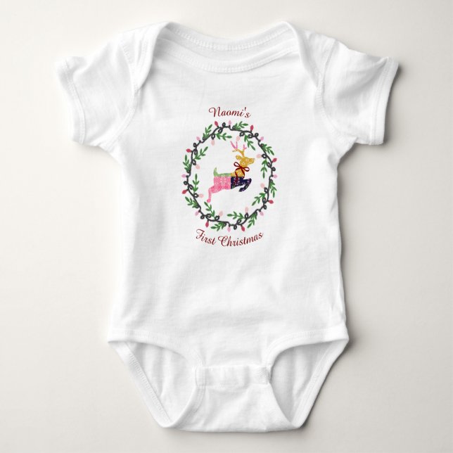 Body Para Bebê First Christmas Deer with Wreath Customize (Frente)