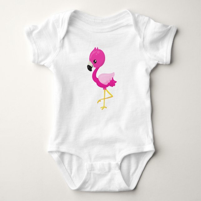 Body Para Bebê Flamingo Bonito, Pequeno Flamingo, Flamingo Rosa (Frente)