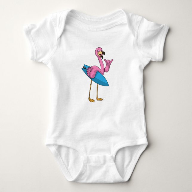 Body Para Bebê Flamingo como surfista com surfboard (Frente)