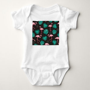 Body Para Bebê Flamingo, folhas de palma: aquarela tropical.