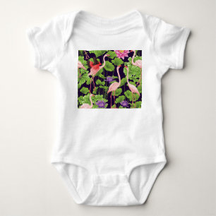 Body Para Bebê Flamingo, plantas tropicais, fundo negro.