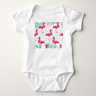 Body Para Bebê Flamingo tropical e folhas, padrão de verão.