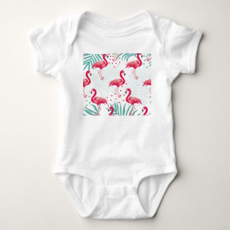 Body Para Bebê Flamingo tropical e folhas, padrão de verão.