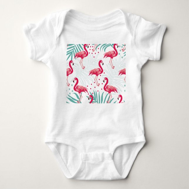 Body Para Bebê Flamingo tropical e folhas, padrão de verão. (Frente)