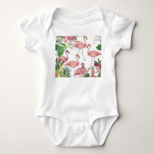 Body Para Bebê Flamingo Tropical Leaves Watercolor Patterno