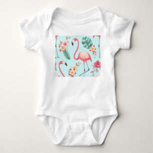 Body Para Bebê Flamingos Flores Tropicais Padrão de Aquarela