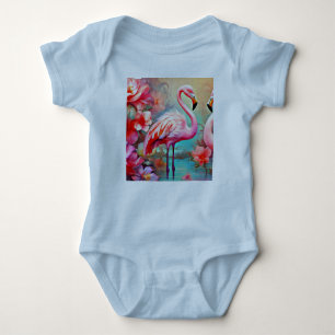Body Para Bebê Flamingos rosa em um lago com flores-20231
