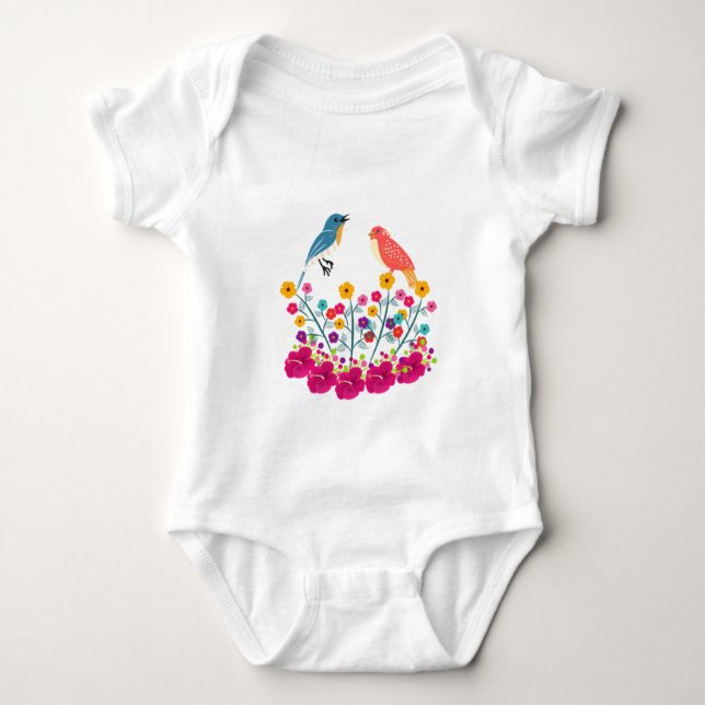 Body Para Bebê Flor E Pássaros Belos T-Shirt (Frente)