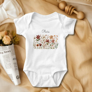 Body Para Bebê Floral de Flores Silvestres Vintage Aquarela Perso
