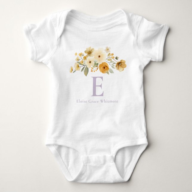 Body Para Bebê Floral Initial Baby Bodysuit | Lavender Monogram (Frente)