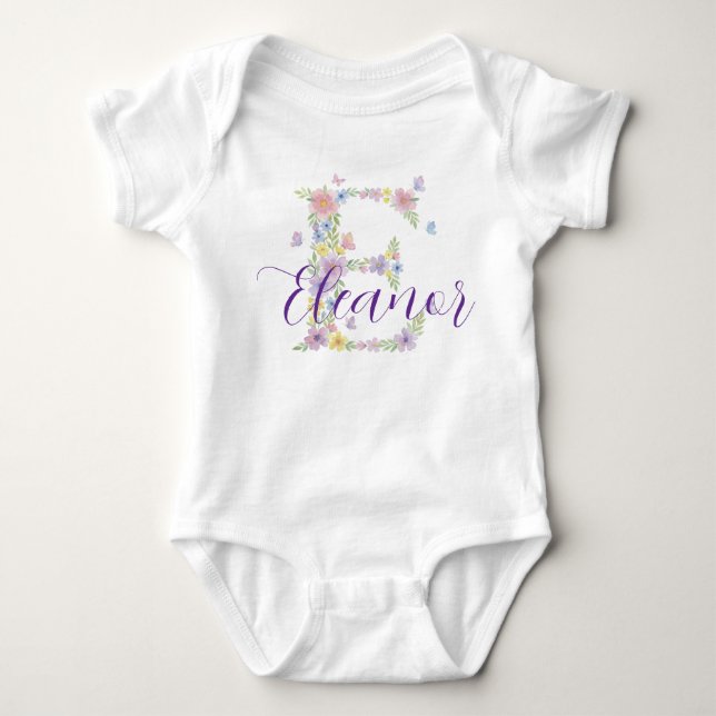 Body Para Bebê Floral Letter E Personalized Baby Bodysuit (Frente)