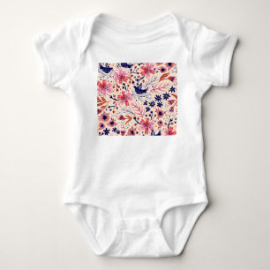 Body Para Bebê Floral, pássaros, padrão contínuo de colheita.