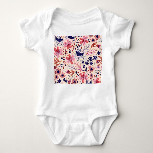 Body Para Bebê Floral, pássaros, padrão contínuo de colheita. (Frente)