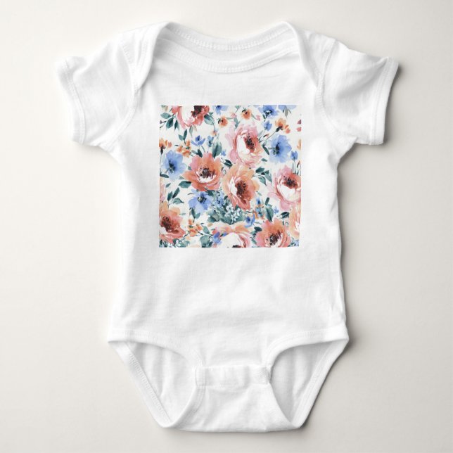 Body Para Bebê Flores de aquarela, ilustração uniforme de padrões (Frente)