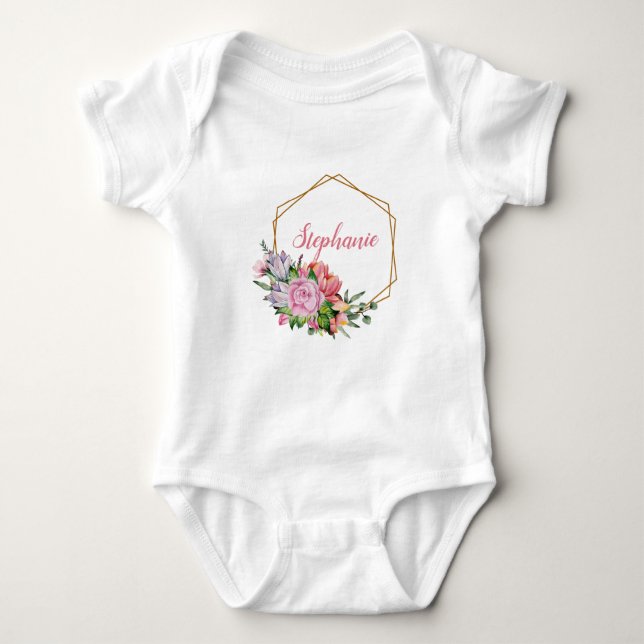 Body Para Bebê Flores de Aquarela Roxas e Rosas - Personalizado (Frente)