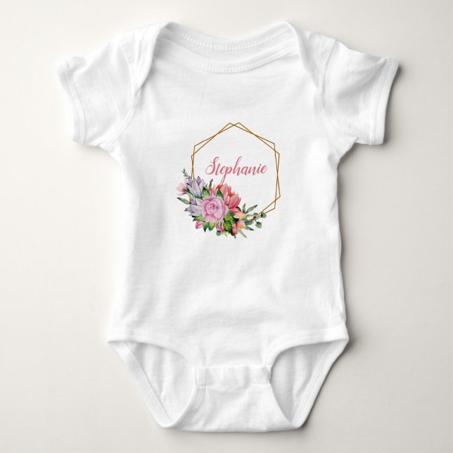Body Para Bebê Flores De Aquarelas Roxas E Rosa - Personalizadas (Frente)