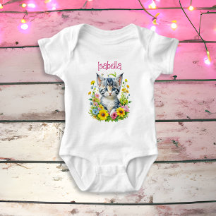 Body Para Bebê Flores de Gatinhos de Aquarelas Personalizadas