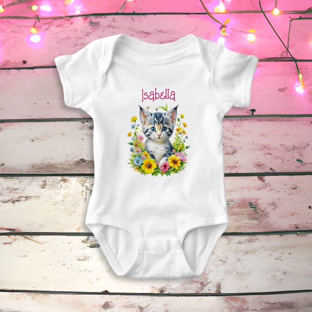 Body Para Bebê Flores de Gatinhos de Aquarelas Personalizadas (Criador carregado)
